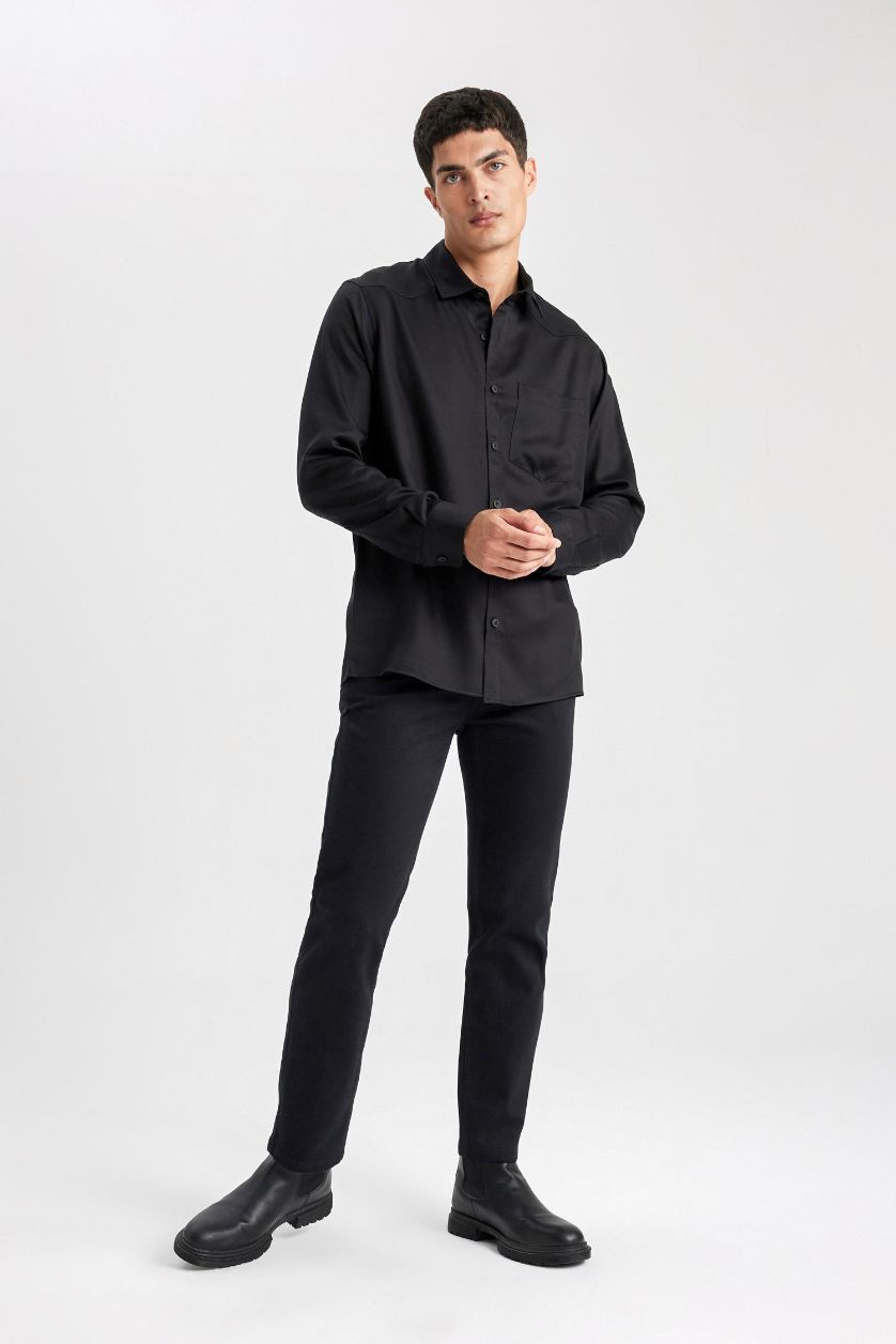 رجالي أسود قميص بولو كم طويل قصة عادية