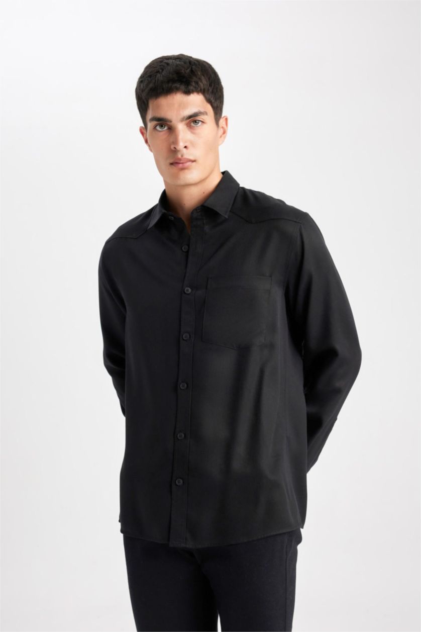 رجالي أسود قميص بولو كم طويل قصة عادية