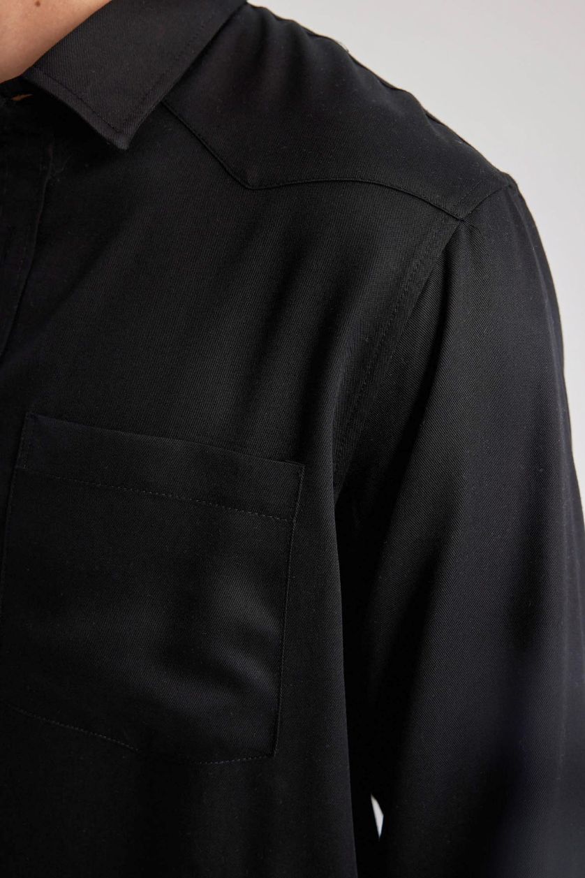 رجالي أسود قميص بولو كم طويل قصة عادية