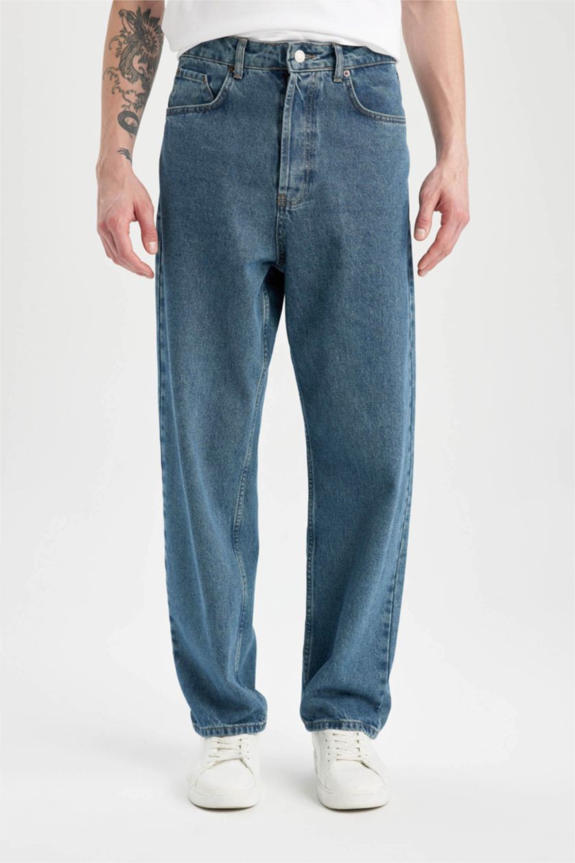 Man Dark Green Baggy Fit Wide Leg Denim Trousers