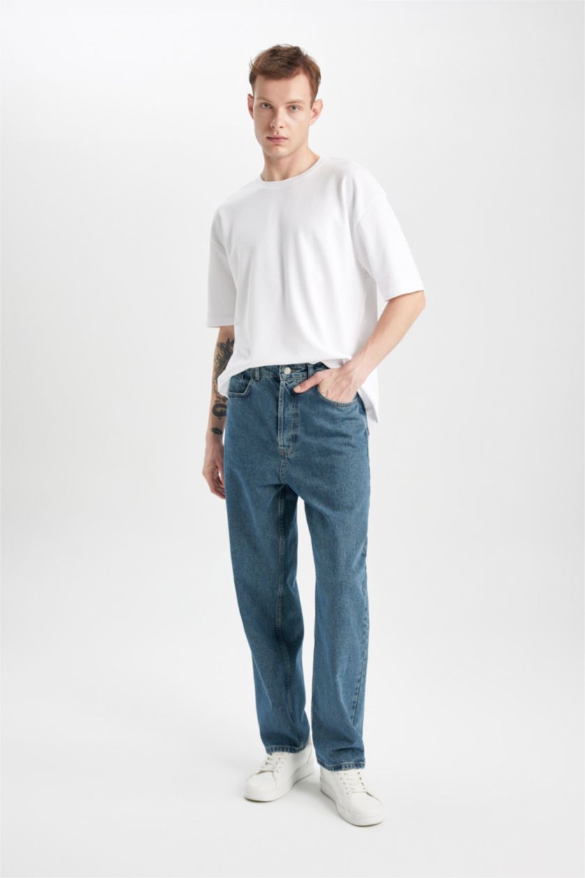 Man Dark Green Baggy Fit Wide Leg Denim Trousers