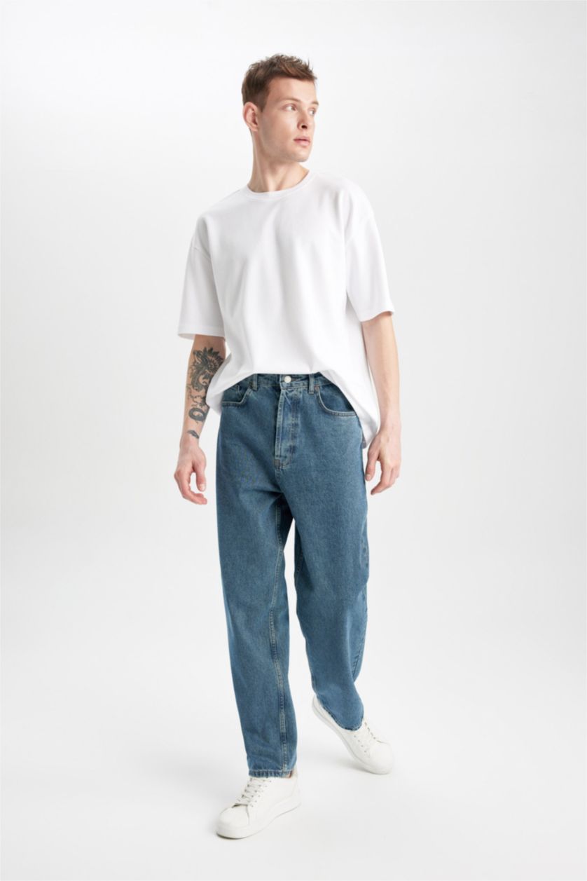 Man Dark Green Baggy Fit Wide Leg Denim Trousers