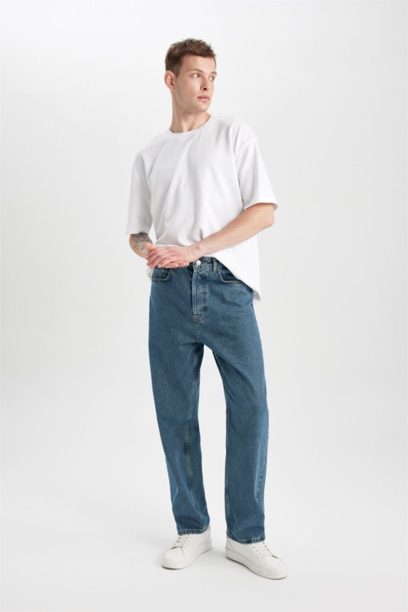 Man Dark Green Baggy Fit Wide Leg Denim Trousers