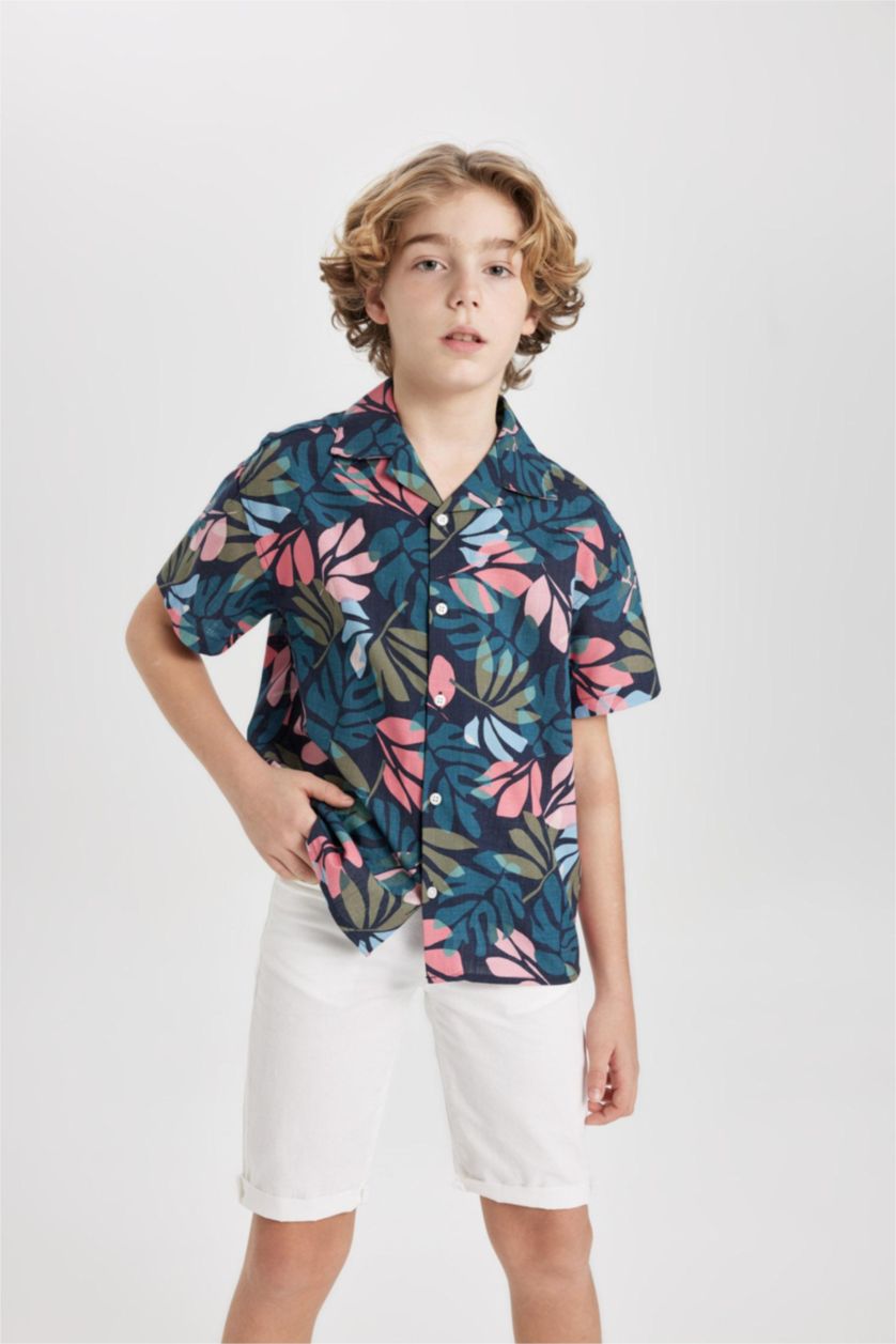 Erkek Çocuk - Genç Erkek Lacivert Oversize Geniş Kalıp Desenli Polo Yaka Keten Görünümlü Kısa Kollu Gömlek Erkek Çocuk