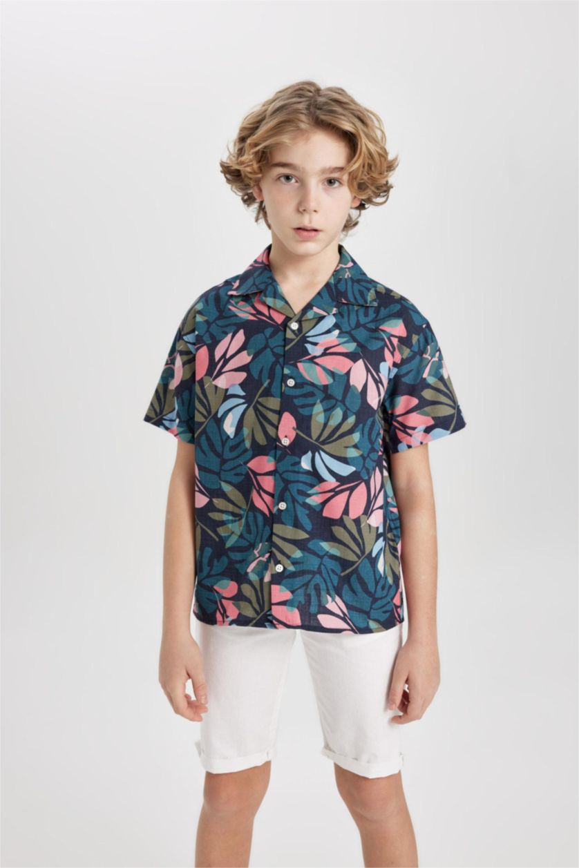 Erkek Çocuk - Genç Erkek Lacivert Oversize Geniş Kalıp Desenli Polo Yaka Keten Görünümlü Kısa Kollu Gömlek Erkek Çocuk