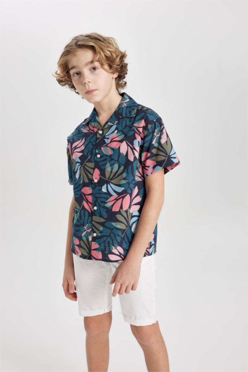 Erkek Çocuk - Genç Erkek Lacivert Oversize Geniş Kalıp Desenli Polo Yaka Keten Görünümlü Kısa Kollu Gömlek Erkek Çocuk