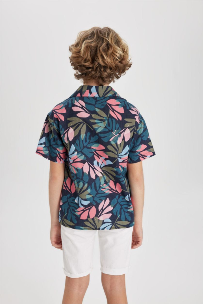 Erkek Çocuk - Genç Erkek Lacivert Oversize Geniş Kalıp Desenli Polo Yaka Keten Görünümlü Kısa Kollu Gömlek Erkek Çocuk