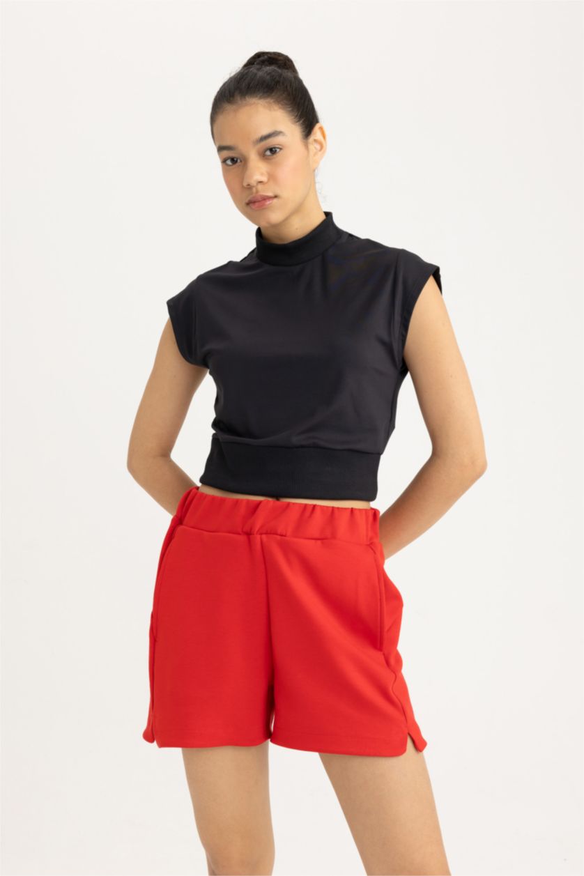 FEMME Noir T-shirt de sport à manches courtes avec col montant