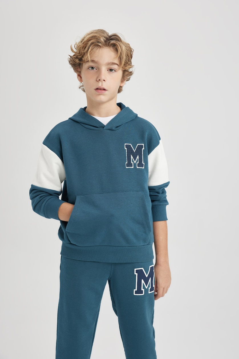 Erkek Çocuk - Genç Erkek İndigo Erkek Çocuk Oversize Geniş Kalıp Baskılı Kapüşonlu Sweatshirt