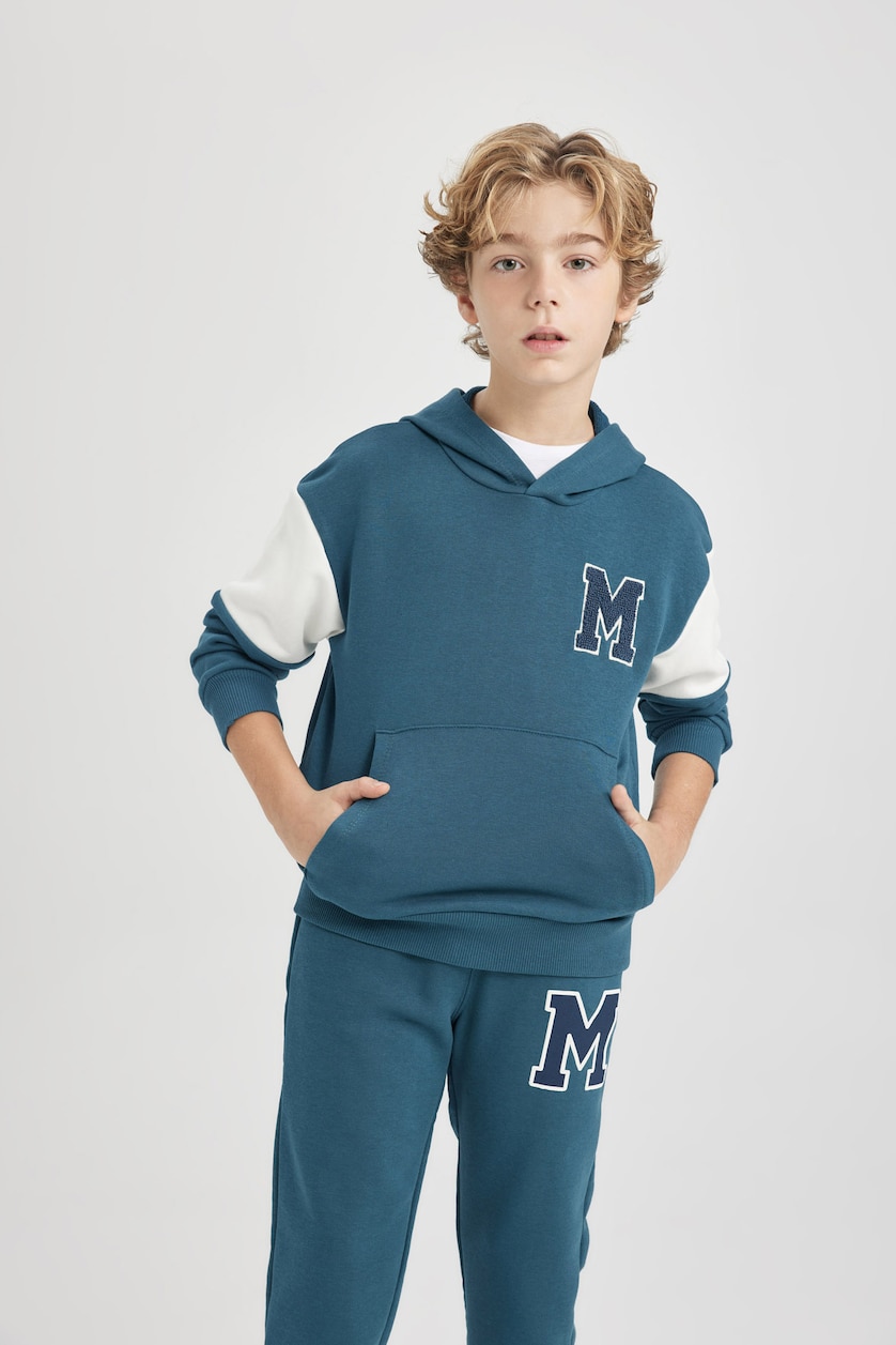 Erkek Çocuk - Genç Erkek İndigo Erkek Çocuk Oversize Geniş Kalıp Baskılı Kapüşonlu Sweatshirt