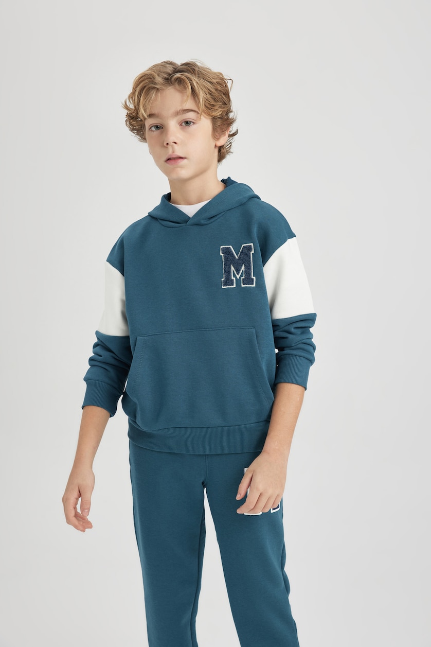 Erkek Çocuk - Genç Erkek İndigo Erkek Çocuk Oversize Geniş Kalıp Baskılı Kapüşonlu Sweatshirt