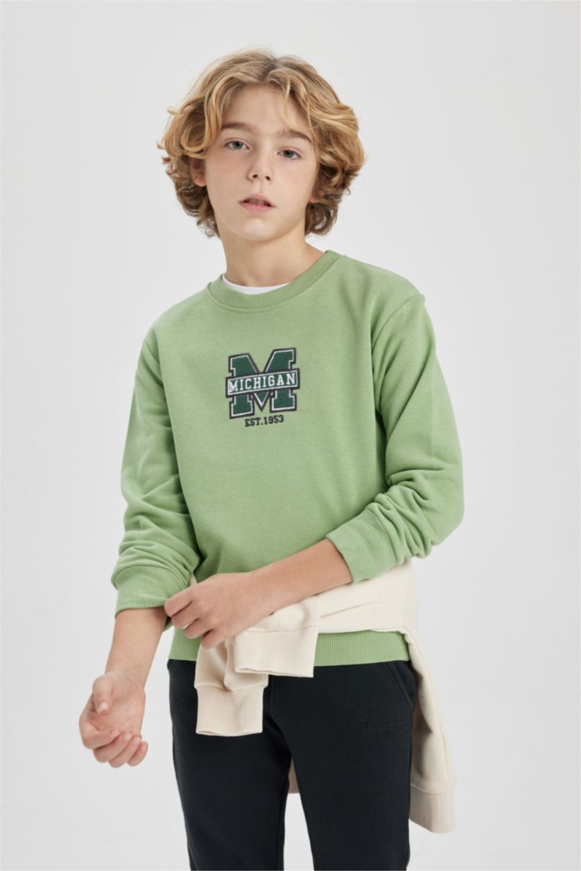 Erkek Çocuk - Genç Erkek Yeşil Erkek Çocuk Baskılı Bisiklet Yaka Kalın Sweatshirt