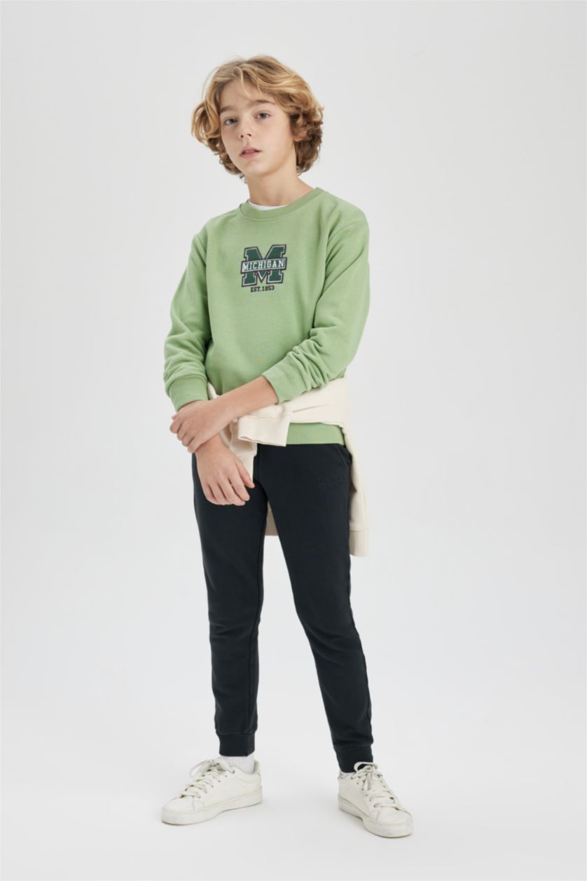 Erkek Çocuk - Genç Erkek Yeşil Erkek Çocuk Baskılı Bisiklet Yaka Kalın Sweatshirt