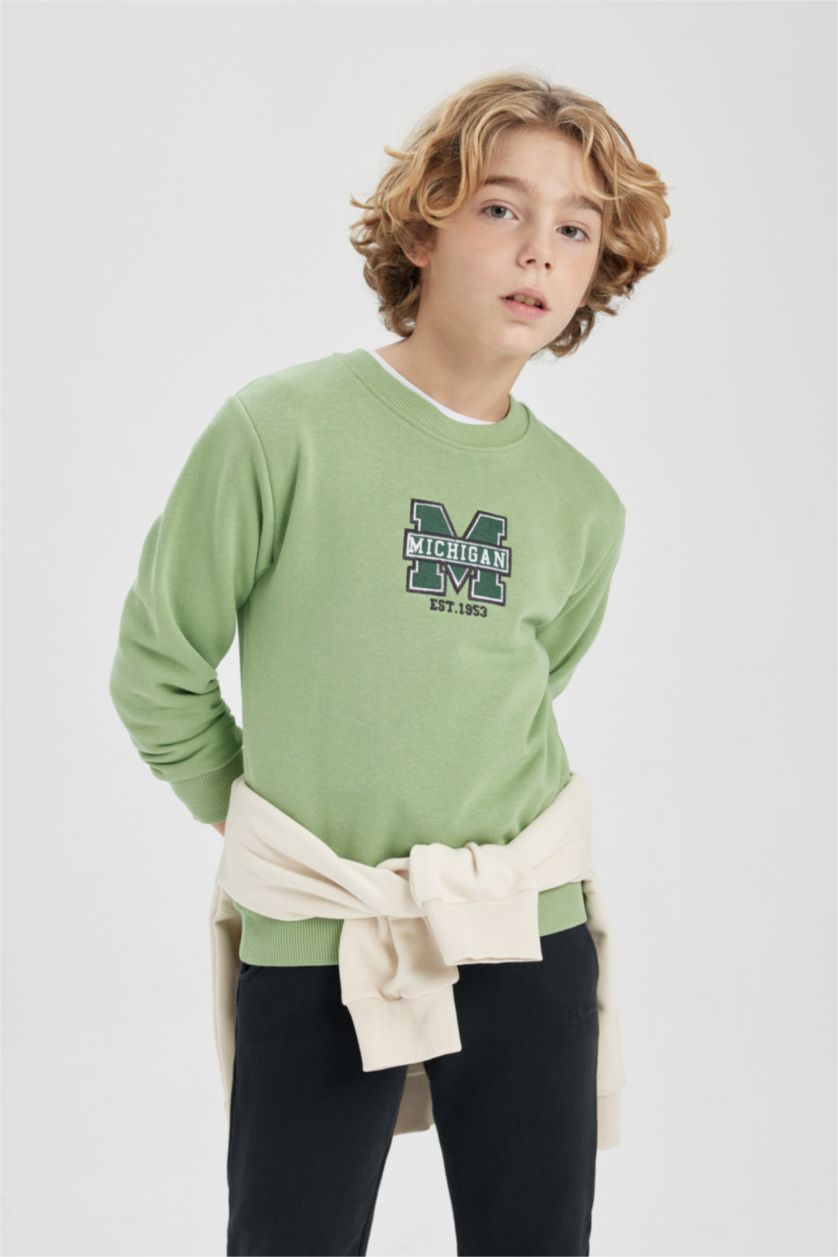 Erkek Çocuk - Genç Erkek Yeşil Erkek Çocuk Baskılı Bisiklet Yaka Kalın Sweatshirt