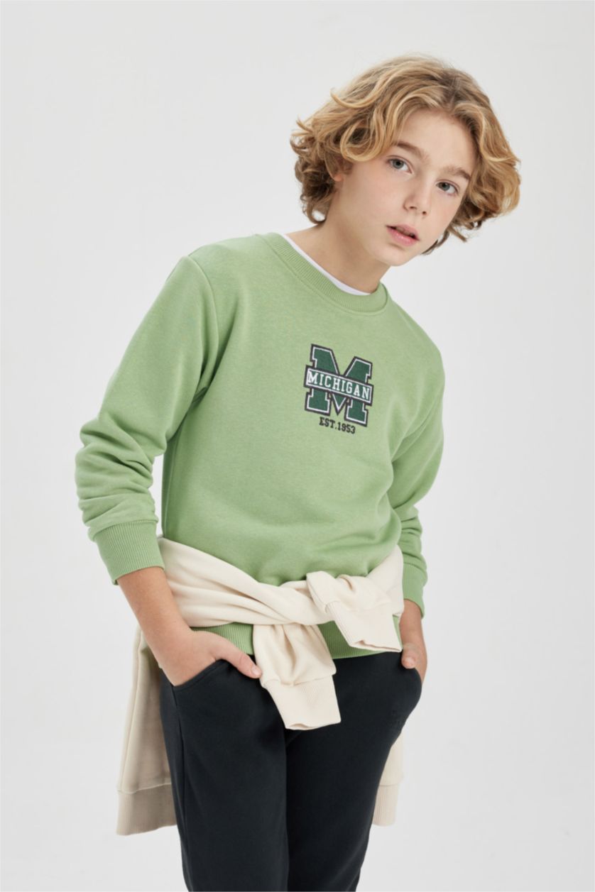 Erkek Çocuk - Genç Erkek Yeşil Erkek Çocuk Baskılı Bisiklet Yaka Kalın Sweatshirt