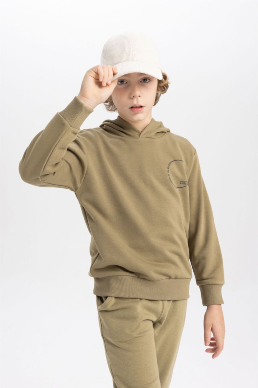 Boys & Teens Khaki Boy Hooded Printed Thick Sweatshirt