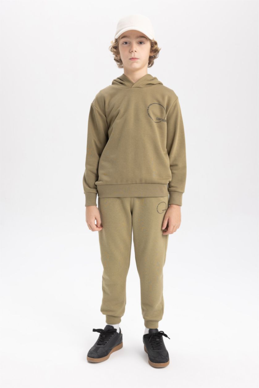 Boys & Teens Khaki Boy Hooded Printed Thick Sweatshirt