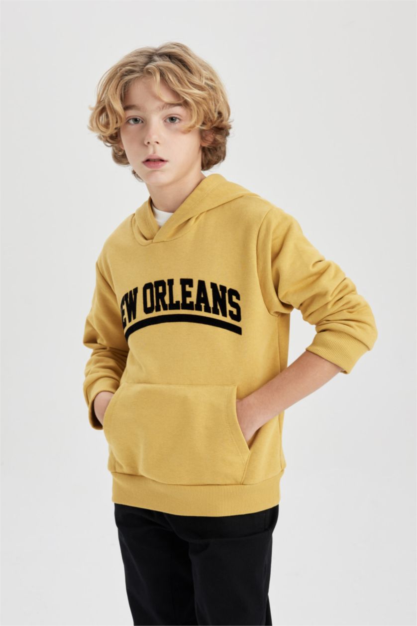 أولاد أصفر سويت شيرت ولادي قماش سميك بغطاء للرأس