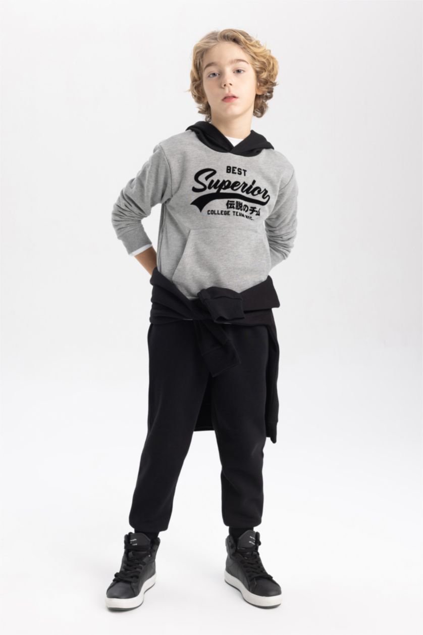 أولاد ميلانج رمادي داكن سويت شيرت ولادي قماش سميك بغطاء للرأس