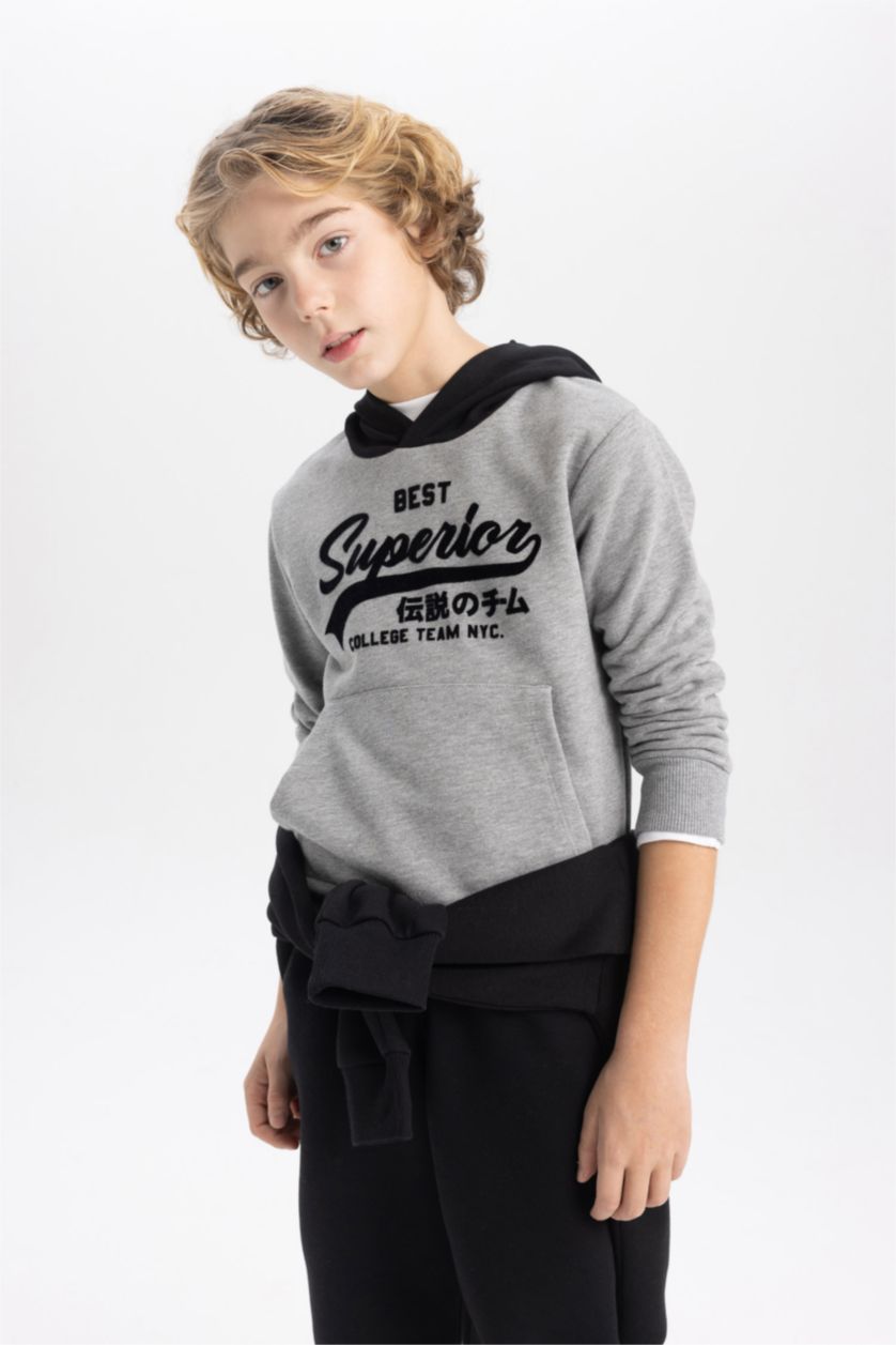 أولاد ميلانج رمادي داكن سويت شيرت ولادي قماش سميك بغطاء للرأس