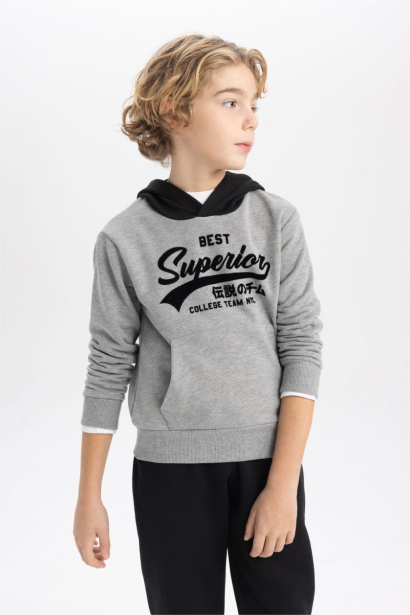 أولاد ميلانج رمادي داكن سويت شيرت ولادي قماش سميك بغطاء للرأس