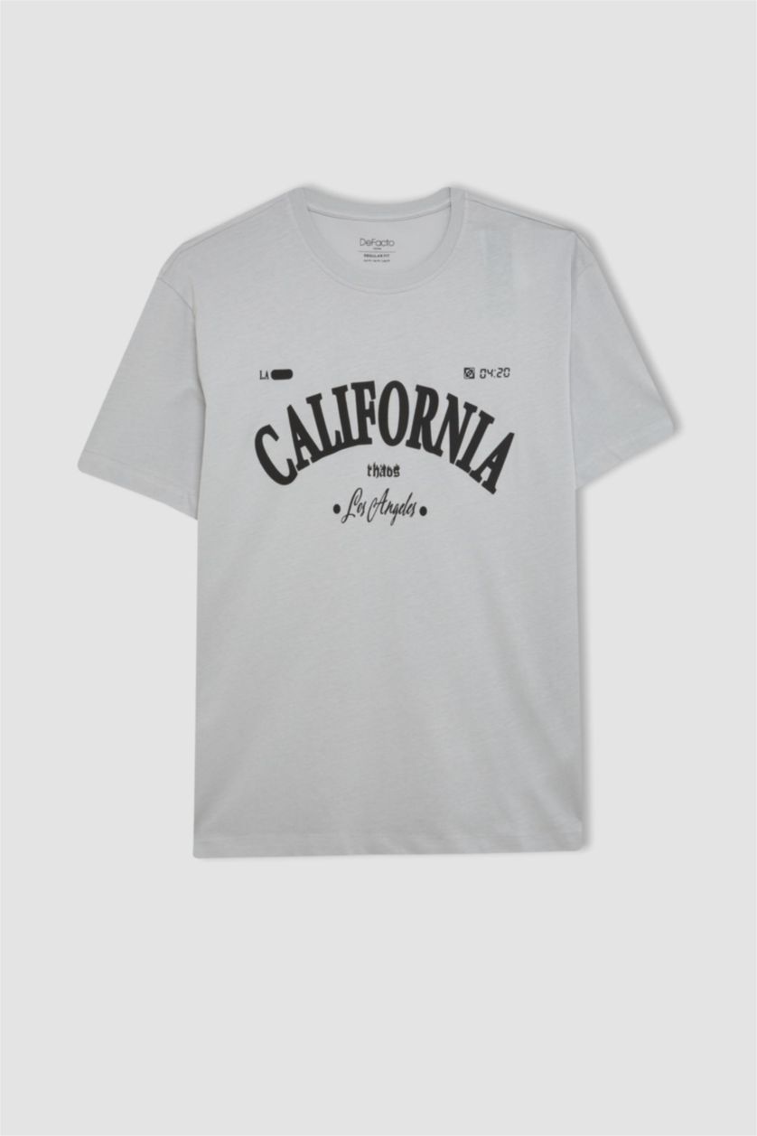 رجال رمادي فاتح تي شيرت نص كم مطبوع بياقة مستديرة وقصة عادية