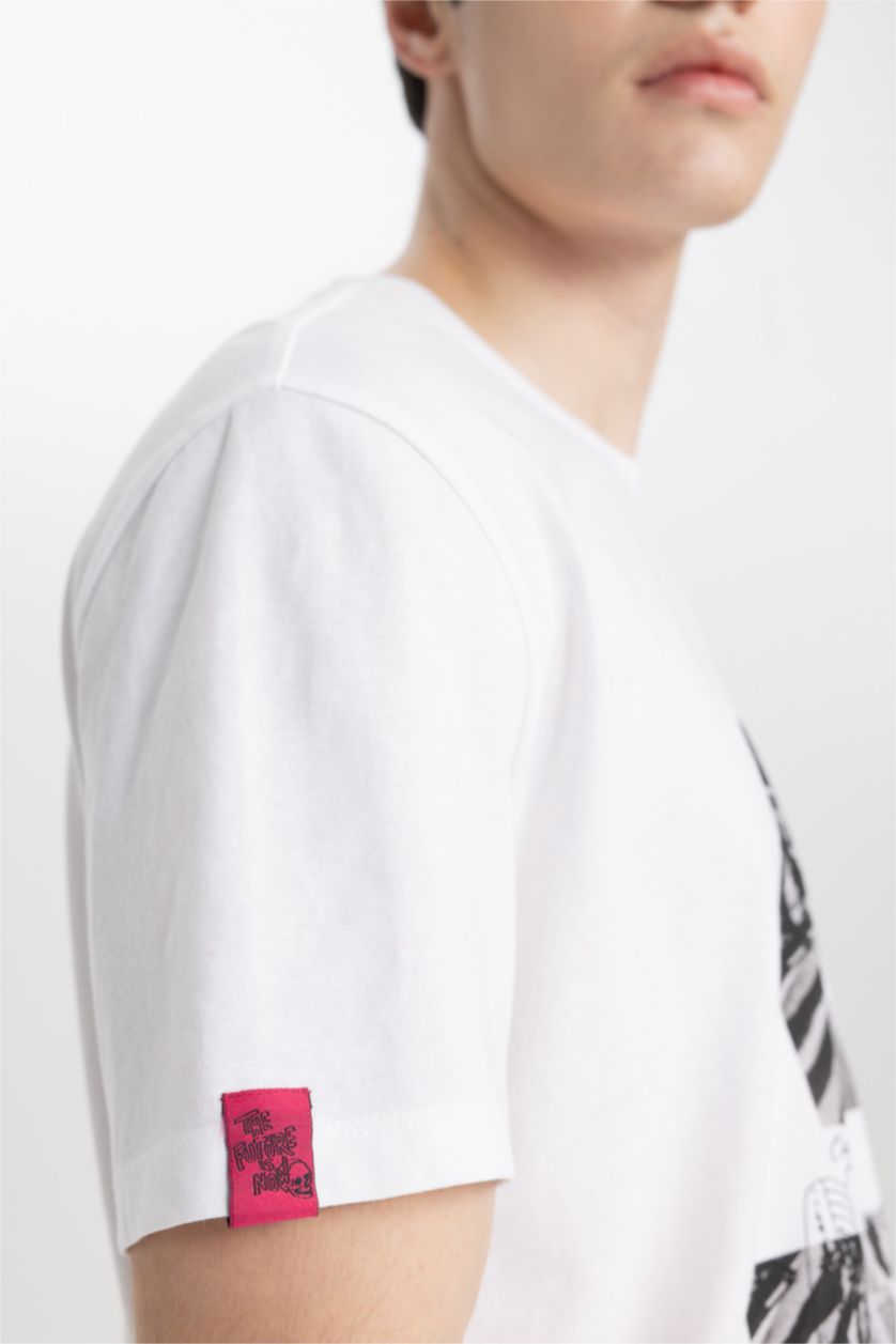 Erkek Beyaz %100 Pamuk Regular Fit Bisiklet Yaka Baskılı Kısa Kollu Tişört