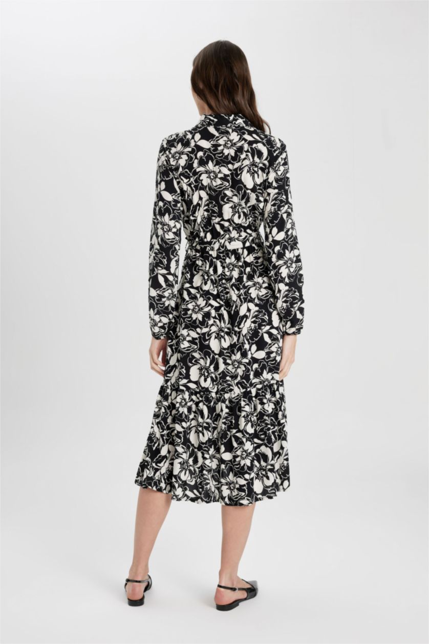 WOMAN Black Shirt Collar Patterned Long Sleeve Maxi Dress