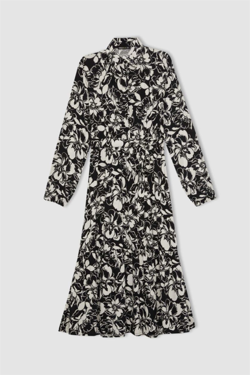 WOMAN Black Shirt Collar Patterned Long Sleeve Maxi Dress