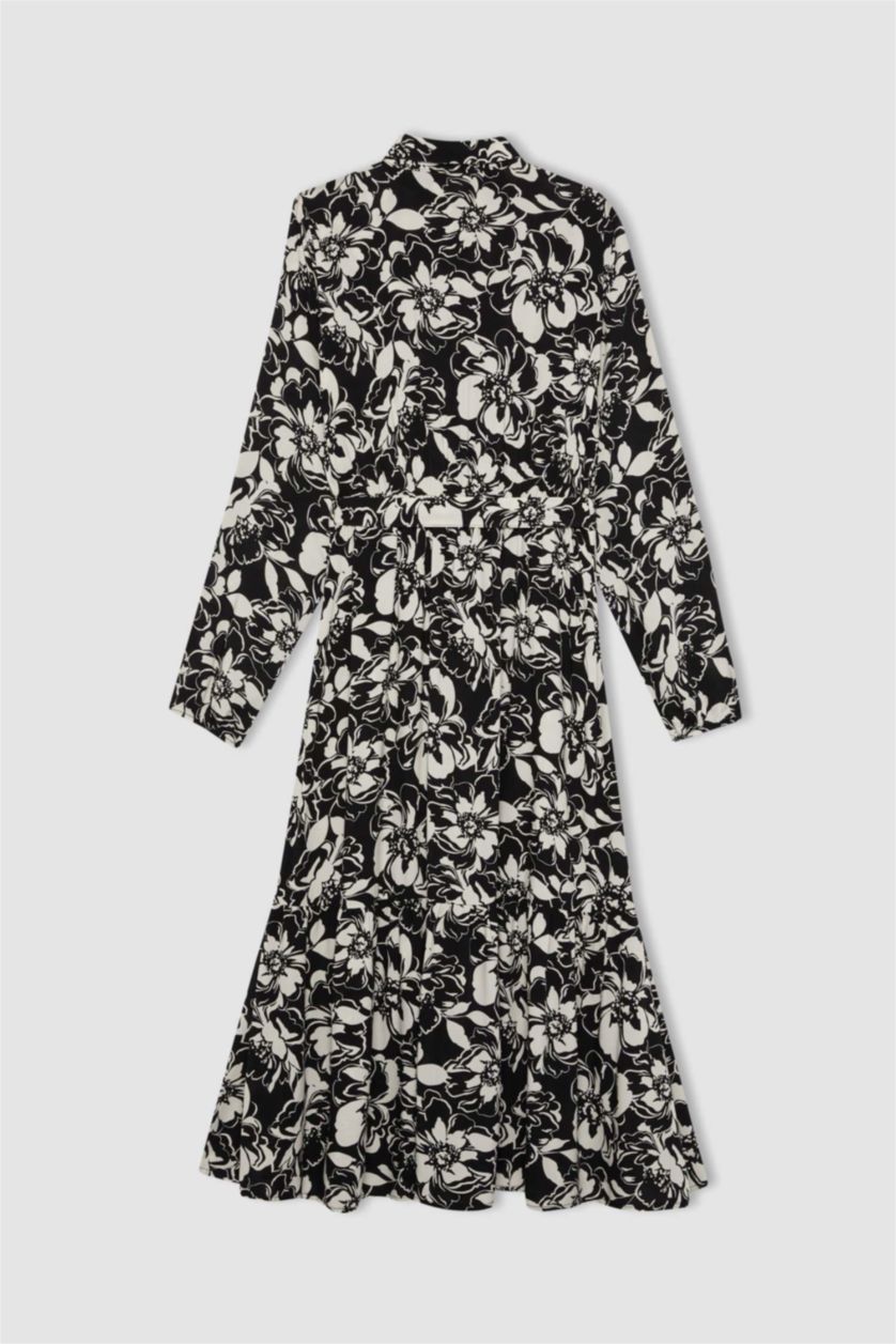 WOMAN Black Shirt Collar Patterned Long Sleeve Maxi Dress