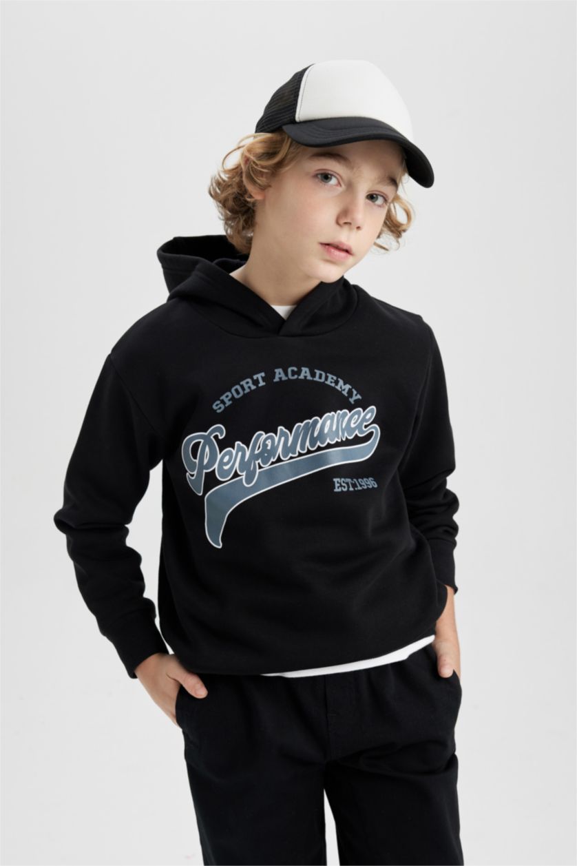 Erkek Çocuk - Genç Erkek Siyah Erkek Çocuk Kapüşonlu Baskılı Kalın Sweatshirt