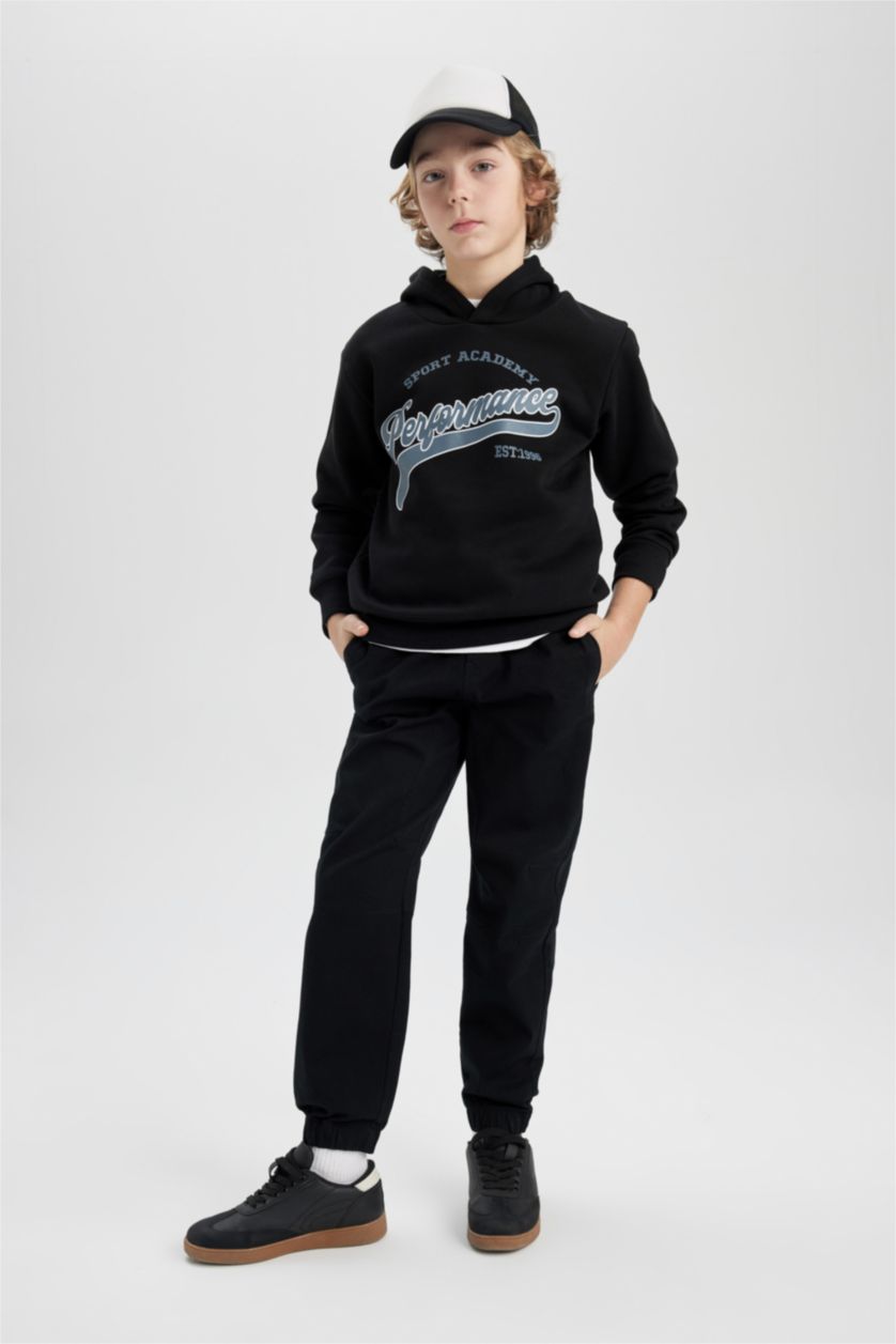 Erkek Çocuk - Genç Erkek Siyah Erkek Çocuk Kapüşonlu Baskılı Kalın Sweatshirt