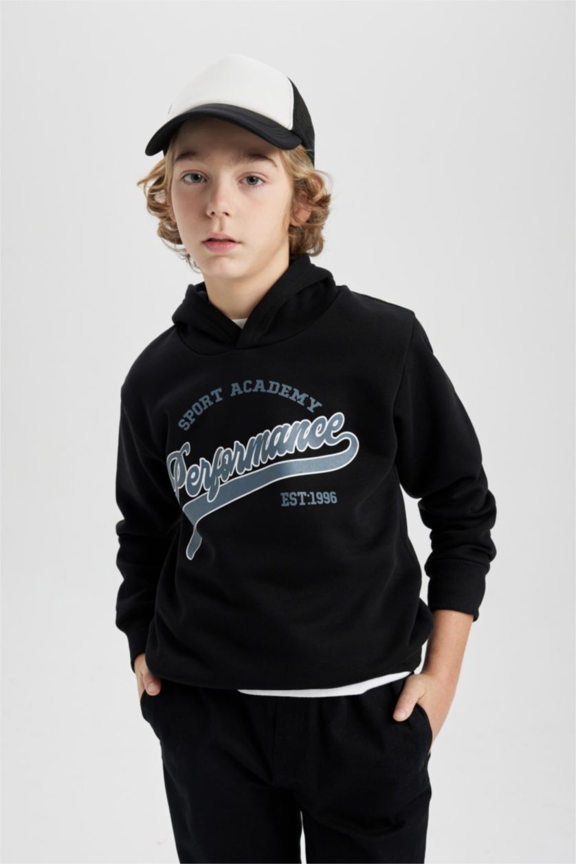 Erkek Çocuk - Genç Erkek Siyah Erkek Çocuk Kapüşonlu Baskılı Kalın Sweatshirt