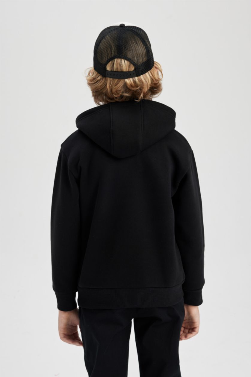 Erkek Çocuk - Genç Erkek Siyah Erkek Çocuk Kapüşonlu Baskılı Kalın Sweatshirt
