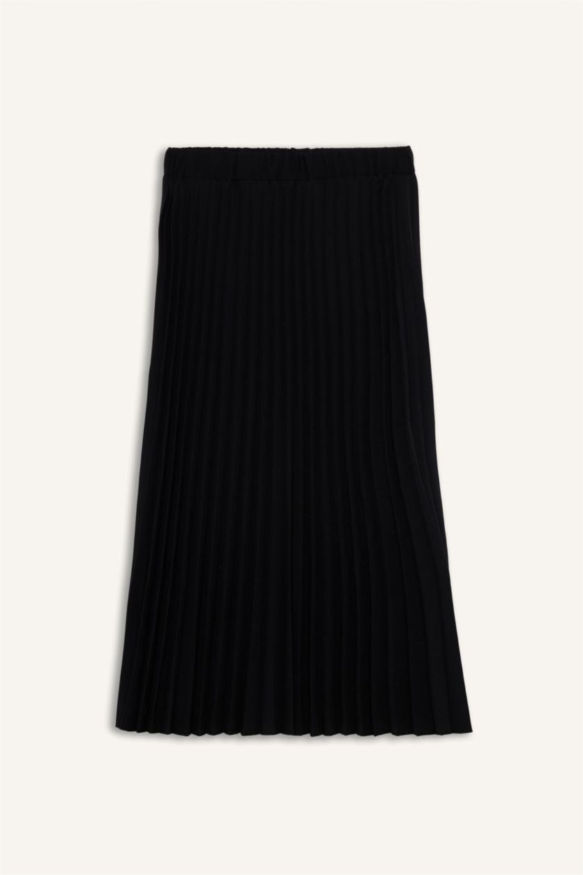 WOMAN Black Flexible Waist Basic Pleated Aerobin Midi Skirt