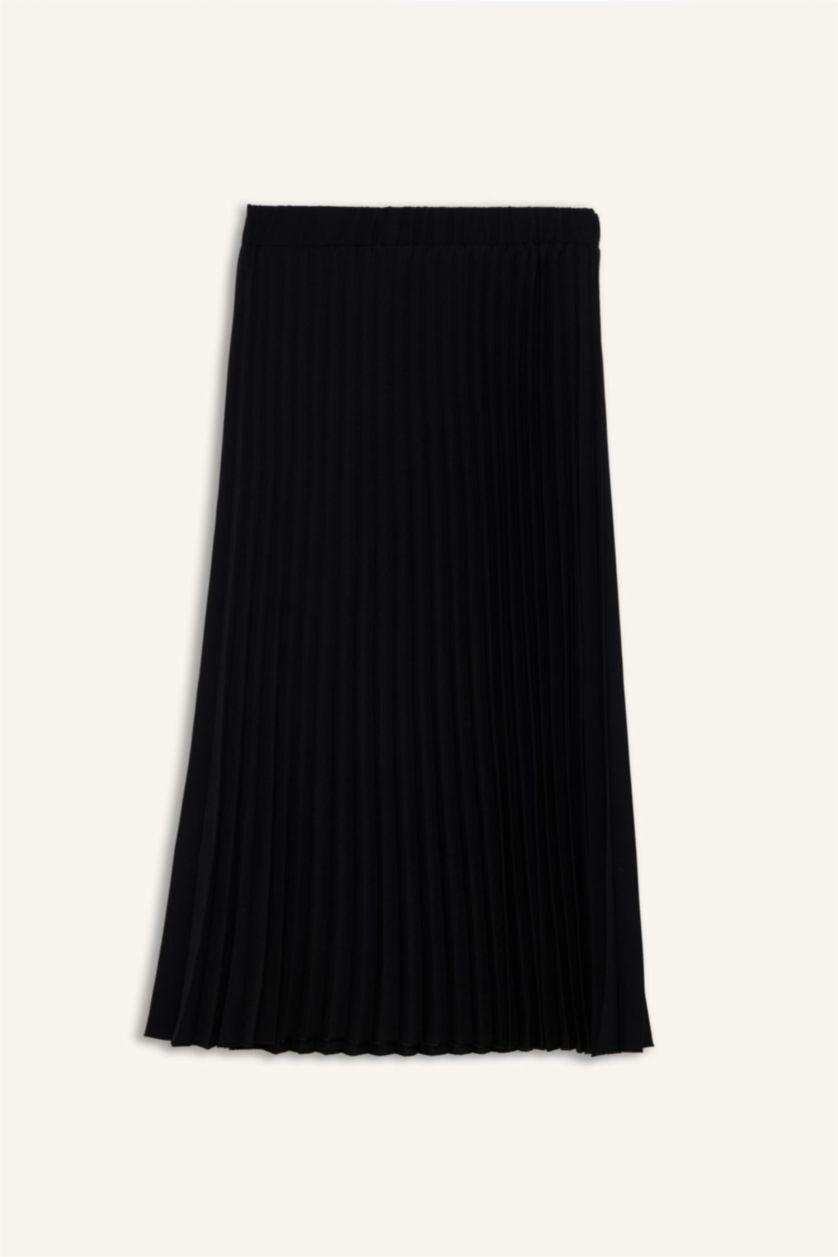 WOMAN Black Flexible Waist Basic Pleated Aerobin Midi Skirt