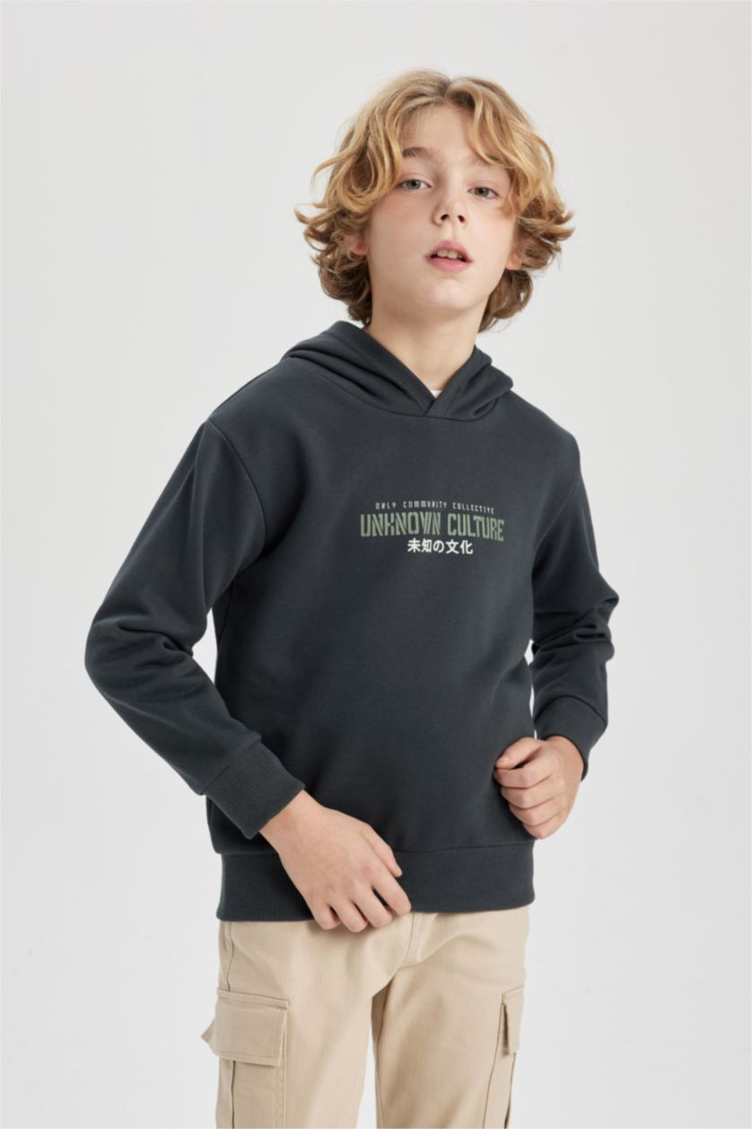 Young Boys - Teen Boys Anthracite Boy Back Printed Hooded Sweatshirt
