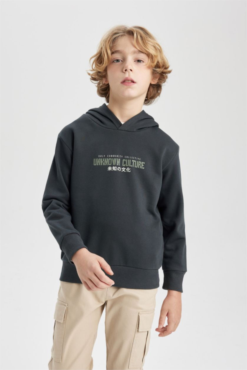 Young Boys - Teen Boys Anthracite Boy Back Printed Hooded Sweatshirt