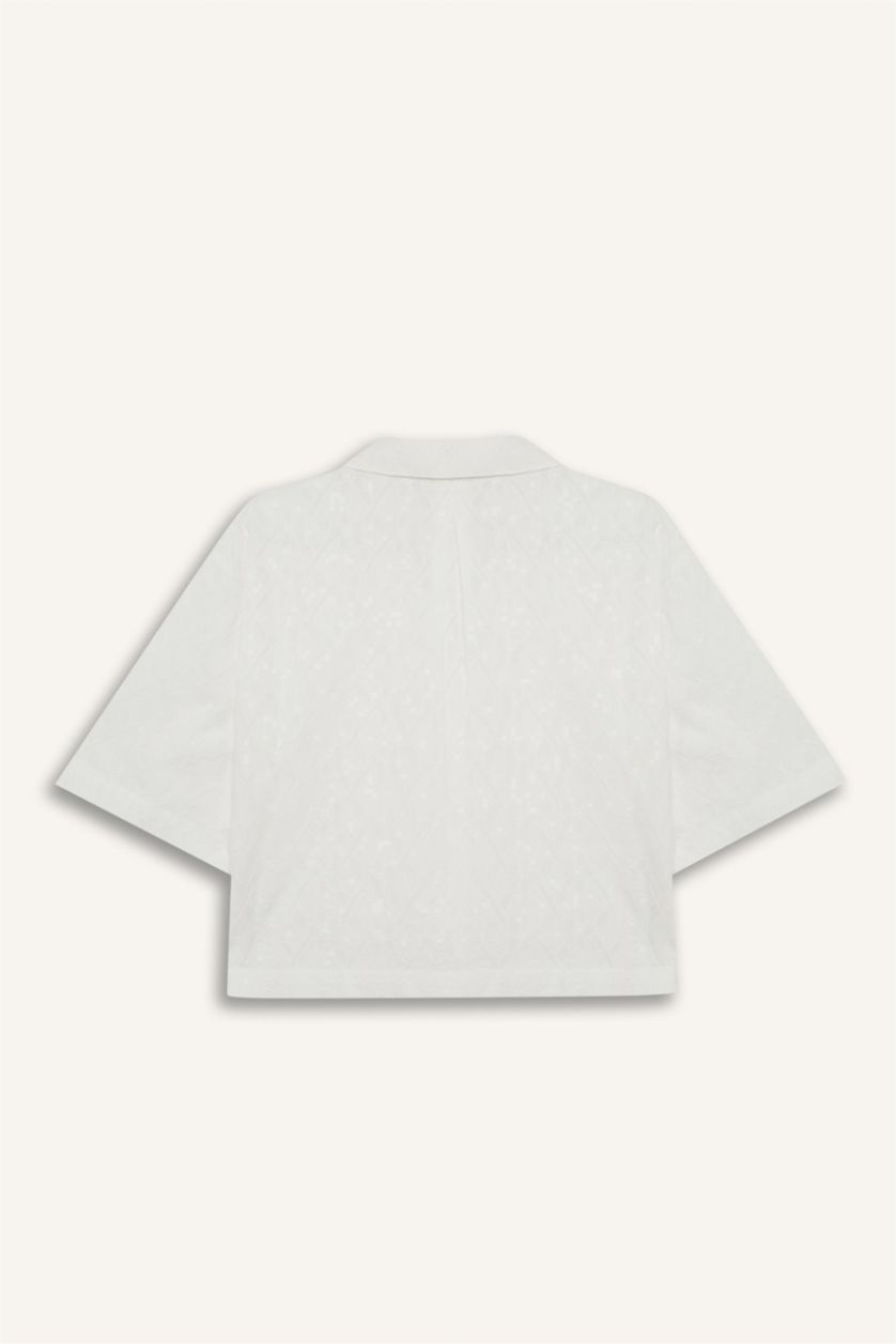 Kadın Kırık Beyaz Oversıze Pijama Yaka Nakışlı Brode Kısa Kollu Gömlek