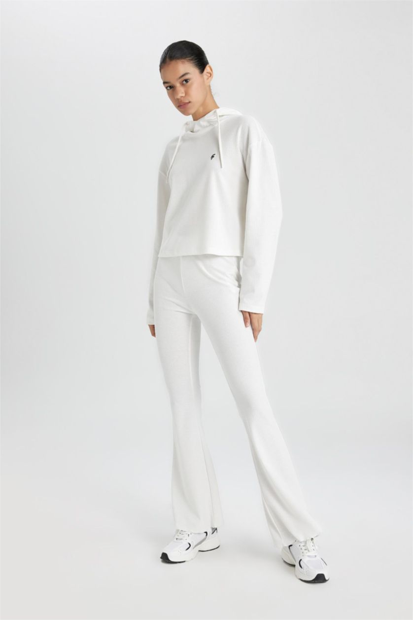 Kadın Ekru Flare Fit İspanyol Paça Standart Boy Ribana İnce Pantolon