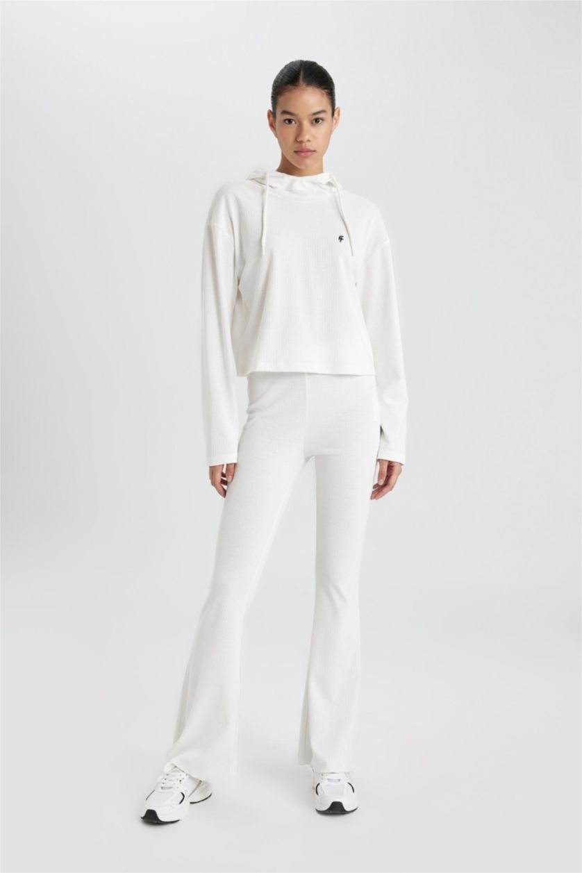 Kadın Ekru Flare Fit İspanyol Paça Standart Boy Ribana İnce Pantolon