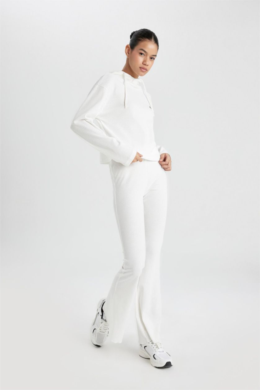 Kadın Ekru Flare Fit İspanyol Paça Standart Boy Ribana İnce Pantolon