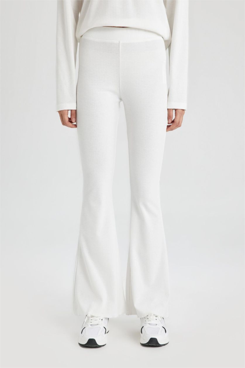 Kadın Ekru Flare Fit İspanyol Paça Standart Boy Ribana İnce Pantolon