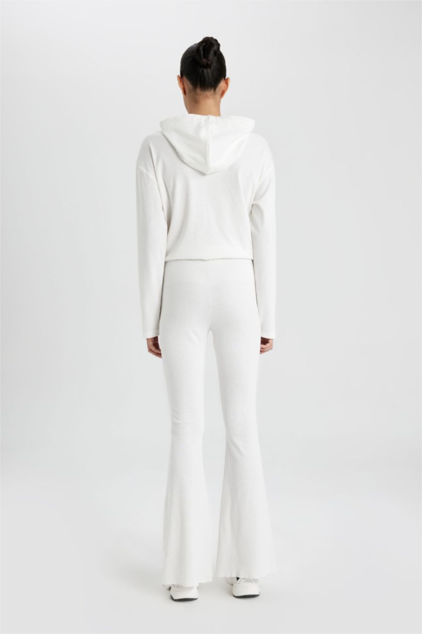 Kadın Ekru Flare Fit İspanyol Paça Standart Boy Ribana İnce Pantolon