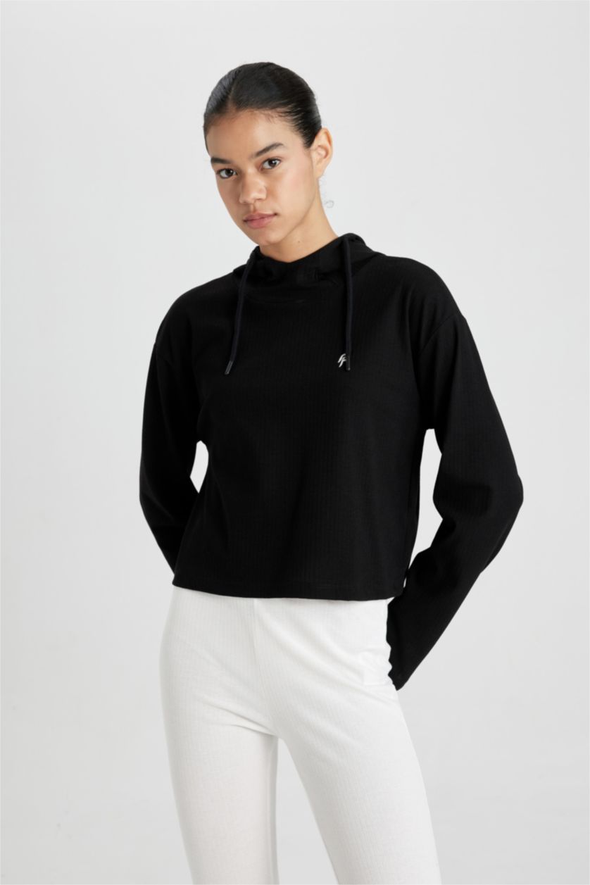 Woman Black DeFactoFit Standard Fit Hooded Ribbed T-Shirt