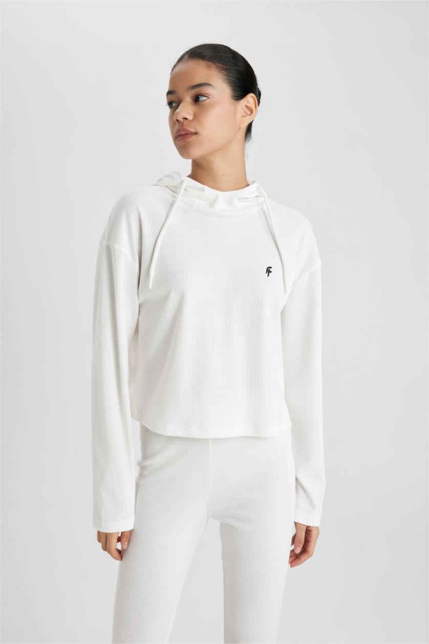 FEMME Écru T-Shirt Coupe Standard à Manches Longues Brodé à Capuche DeFactofit