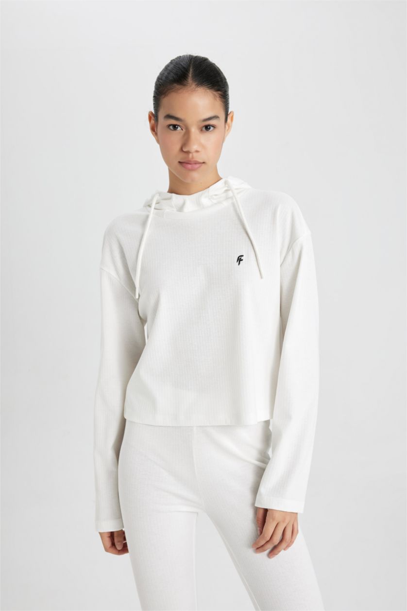 FEMME Écru T-Shirt Coupe Standard à Manches Longues Brodé à Capuche DeFactofit