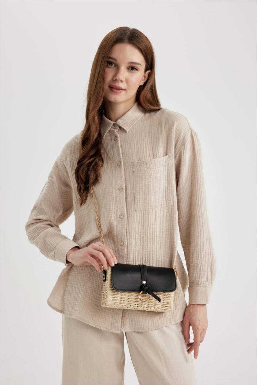 Kadın Siyah Kadın Uzun Askılı Hasır Çapraz Çanta