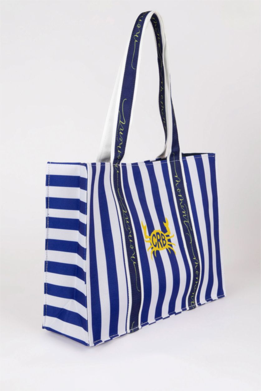 Kadın Lacivert Kadın Çizgi Desenli Kanvas El Çantası