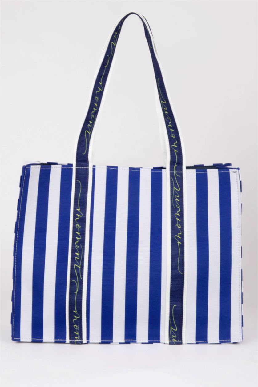 Kadın Lacivert Kadın Çizgi Desenli Kanvas El Çantası